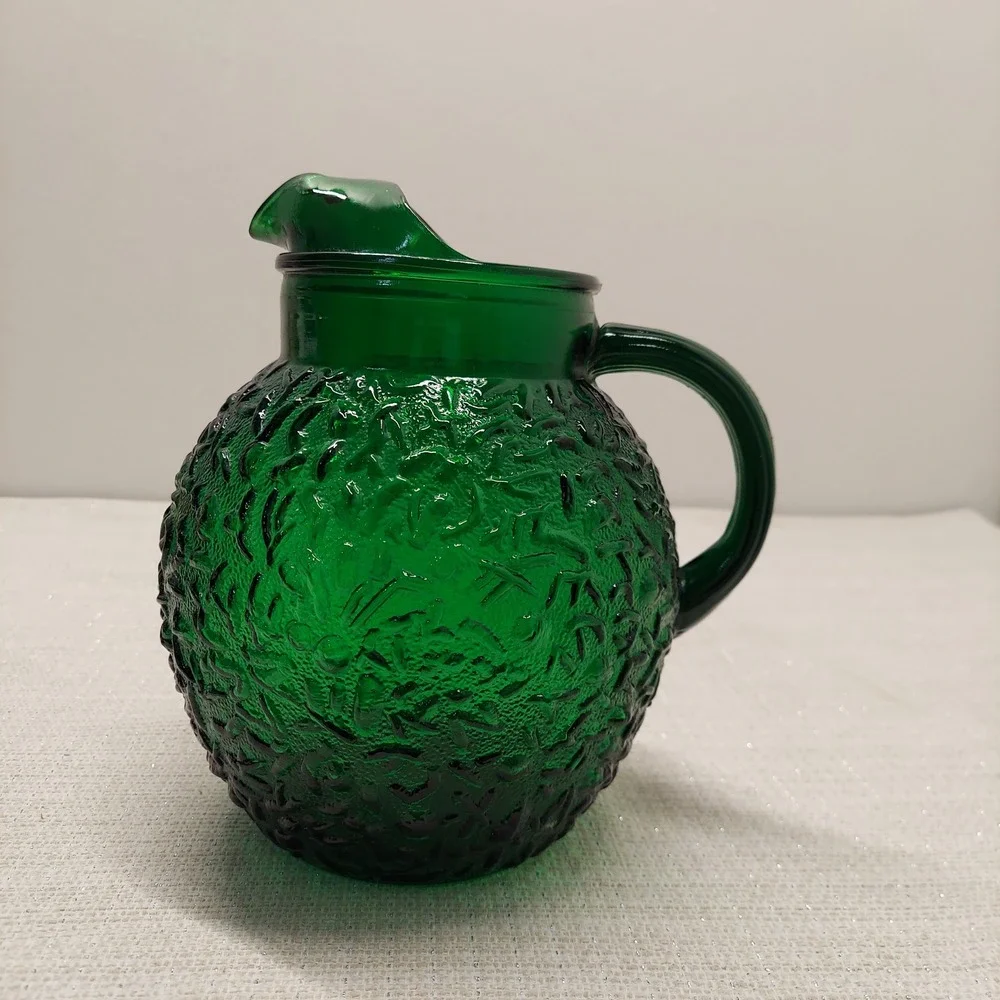 Vtg Anchor Hocking Lido Milano Forest Emerald Green Crinkle Ball Pitcher Ice Lip